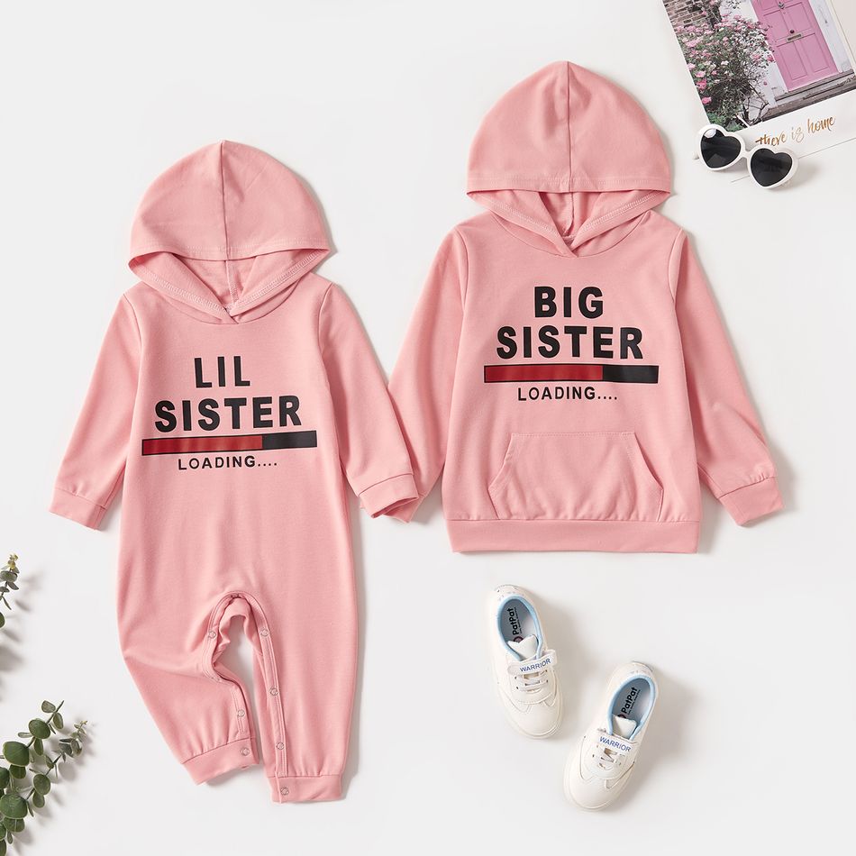 Letter Print Pink Sibling Matching Long-sleeve Hooded Sweatshirts Sets Pink