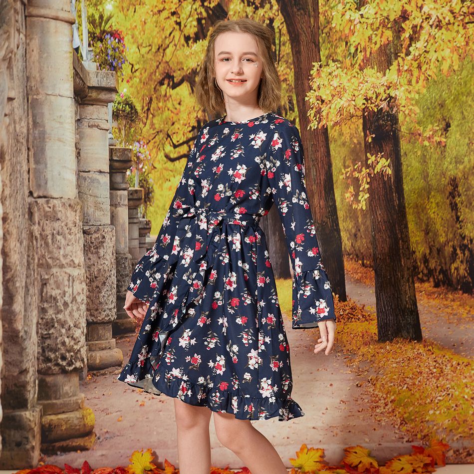 Kid Girl Floral Print Long-sleeve Ruffle Irregular Hem Dress Dark Blue