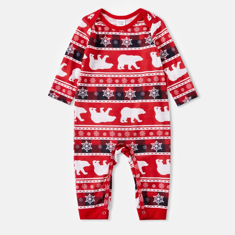 Christmas Plaid Bear and Letter Print Red Family Matching Raglan Long-sleeve Pajamas Sets (Flame Resistant) Red/White big image 12