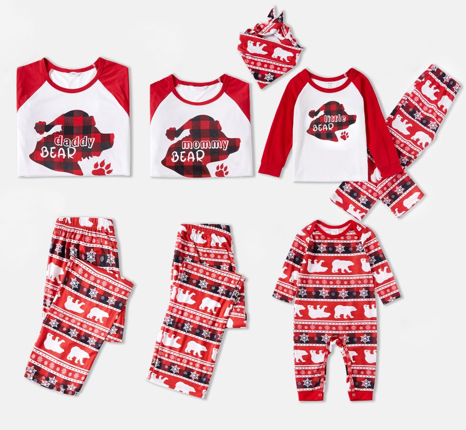Christmas Plaid Bear and Letter Print Red Family Matching Raglan Long-sleeve Pajamas Sets (Flame Resistant) Red/White