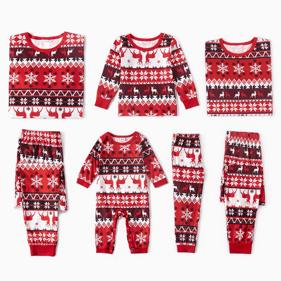 Christmas All Over Snowflake Print Red Family Matching Long-sleeve Pajamas Sets (Flame Resistant) Multi-color big image 1