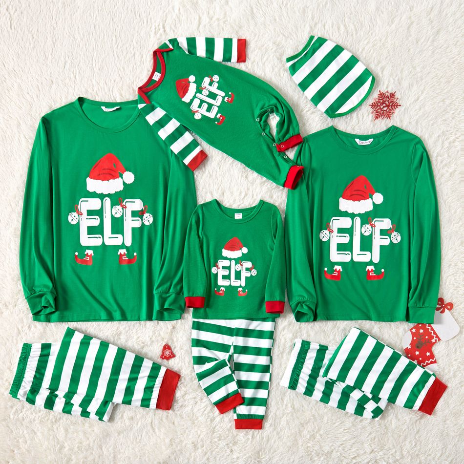 Christmas Elf Letter Print Green Family Matching Long-sleeve Striped Pajamas Sets (Flame Resistant) Green