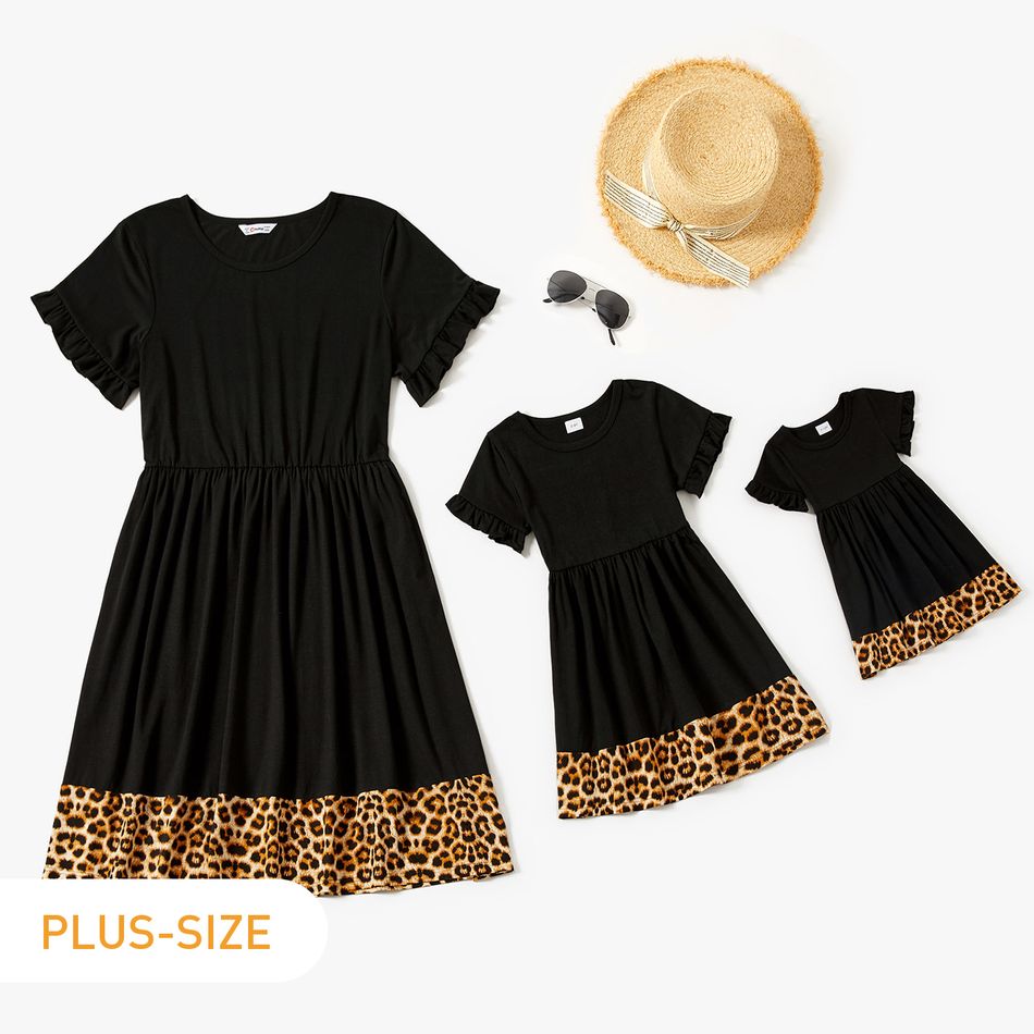 Leopard Hem Splicing Black Round Neck Short-sleeve Midi Dress for Mom and Me Black
