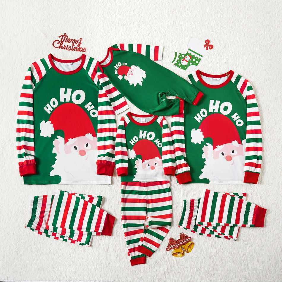 Christmas Cartoon Santa Print Colorblock Family Matching Raglan Long-sleeve Striped Pajamas Sets (Flame Resistant) Color block