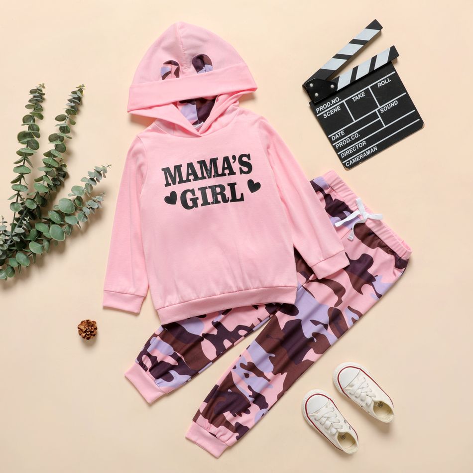 2-piece Toddler Girl Letter Print Ear Design Hoodie Sweatshirt and Camouflage Print Pants Set Pink