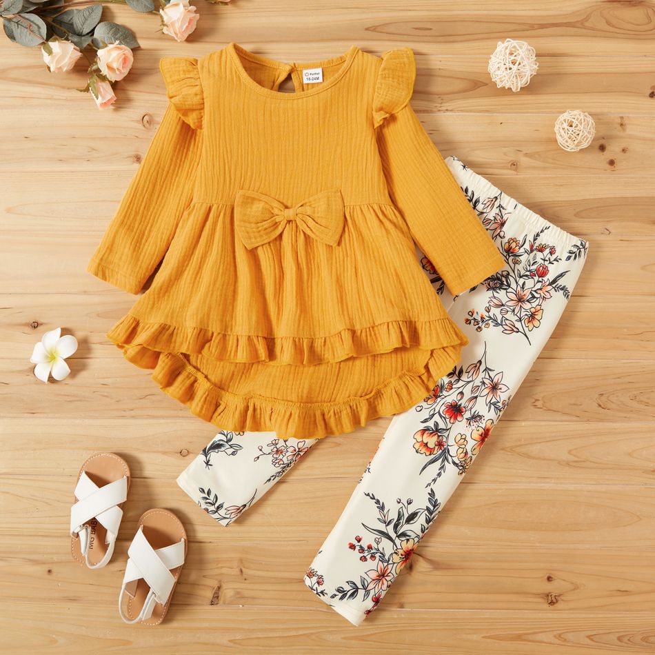2-piece Toddler Girl Bowknot Design High Low Solid/Floral Print Long-sleeve Top and Leggings Set Yellow
