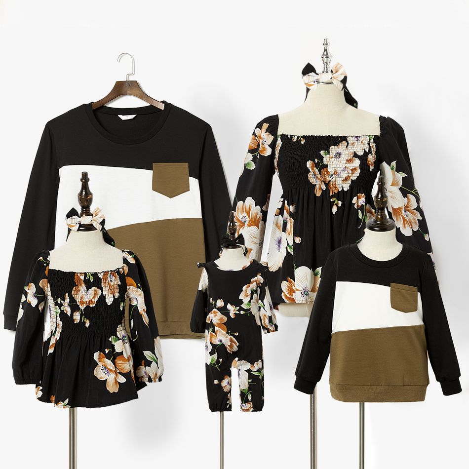 Floral Print Family Matching Square Neck Long-sleeve Shirred Tops and Colorblock Sweatshirts Multi-color