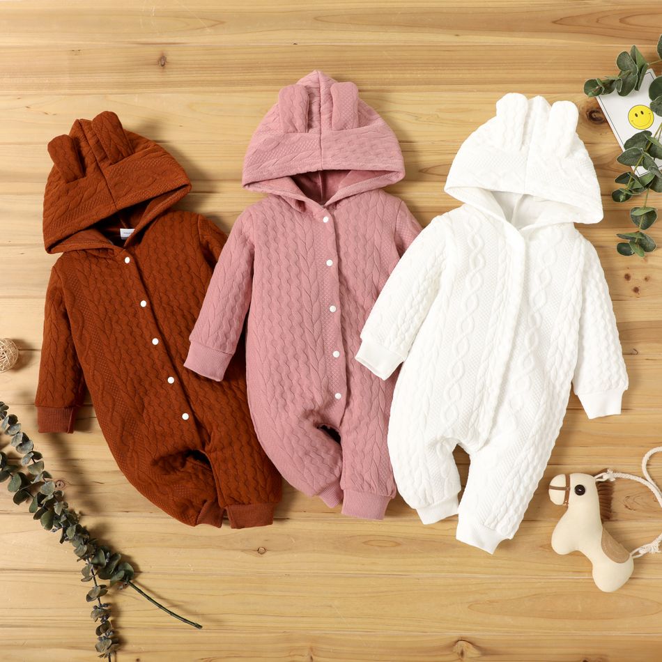 Solid Knitted Hooded Long-sleeve Pink Baby Jumpsuit Pink big image 2