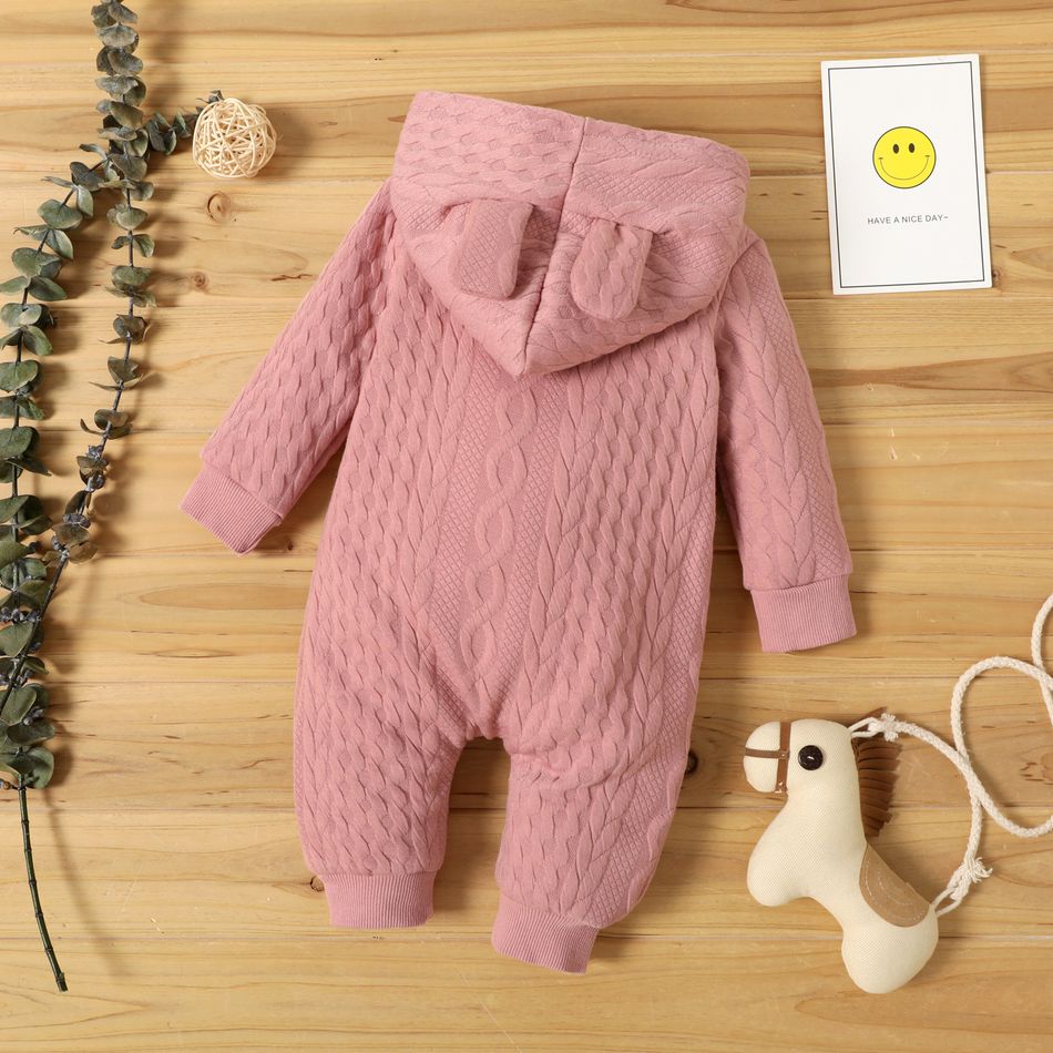 Solid Knitted Hooded Long-sleeve Pink Baby Jumpsuit Pink big image 3