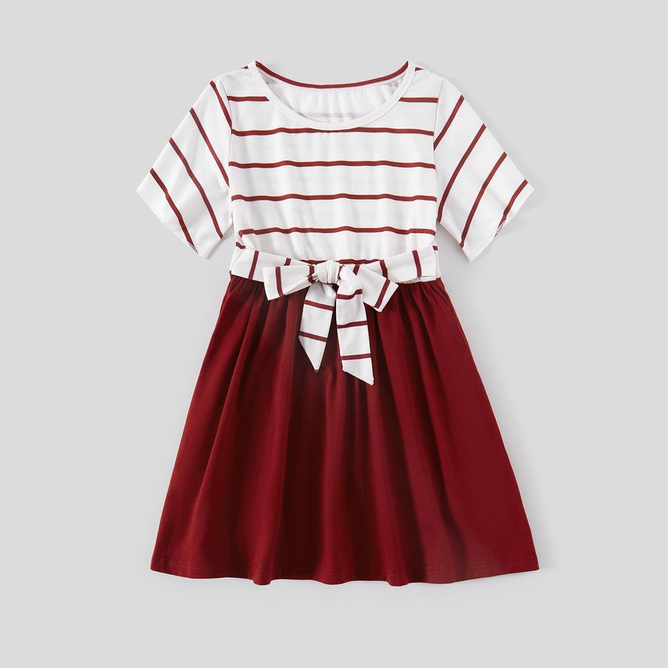 Red and White Striped  Short-sleeve Family Matching Sets(Belted Splicing Dresses and T-shirts) Red/White big image 8