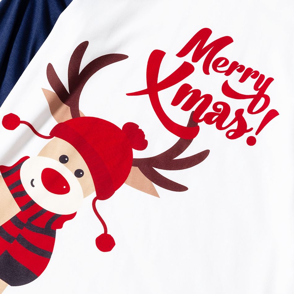 Merry Xmas Letters and Reindeer Print Navy Family Matching Long-sleeve Pajamas Sets (Flame Resistant) Dark blue/White/Red big image 4