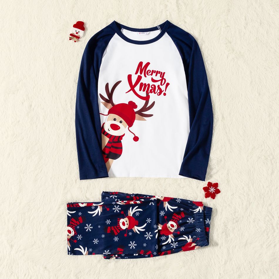 Merry Xmas Letters and Reindeer Print Navy Family Matching Long-sleeve Pajamas Sets (Flame Resistant) Dark blue/White/Red big image 5