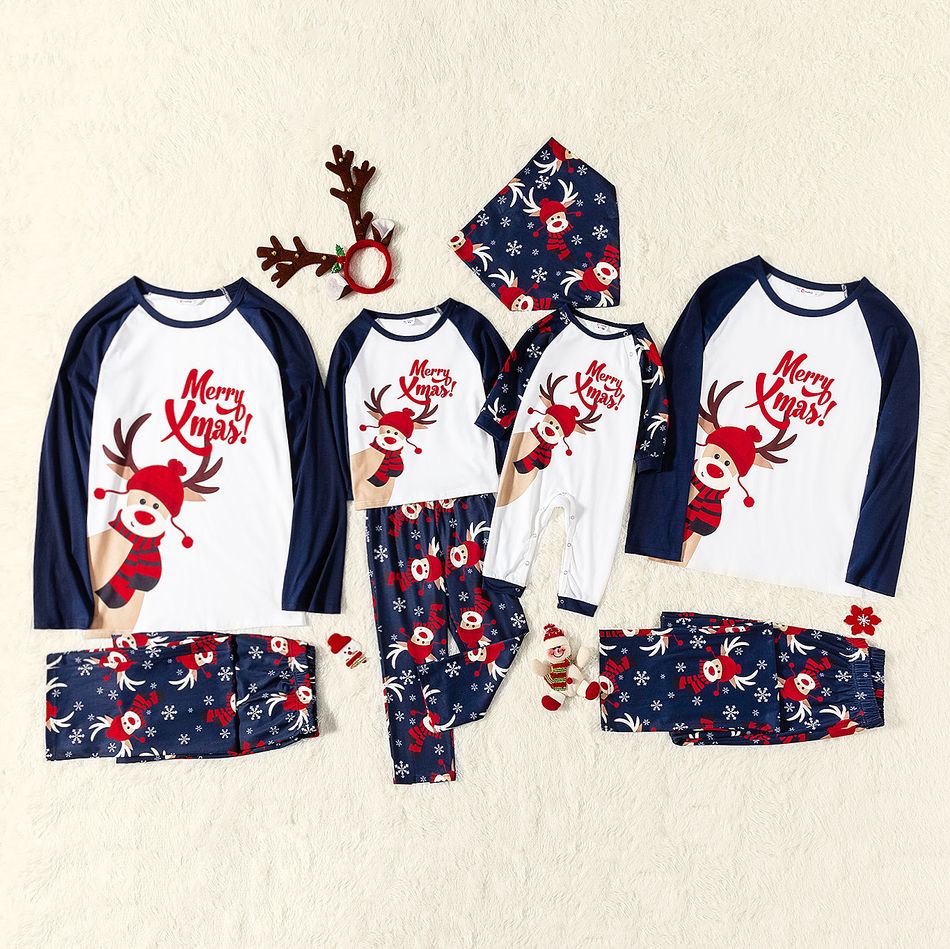 Merry Xmas Letters and Reindeer Print Navy Family Matching Long-sleeve Pajamas Sets (Flame Resistant) Dark blue/White/Red