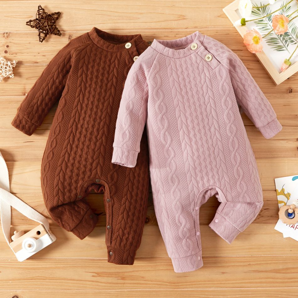 Baby Girl Solid Cable Knit Long-sleeve Jumpsuit Pink