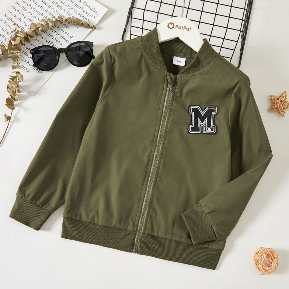 Kid Girl Letter Embroidered Back Sequined Wing Design Zipper Bomber Jacket Army green