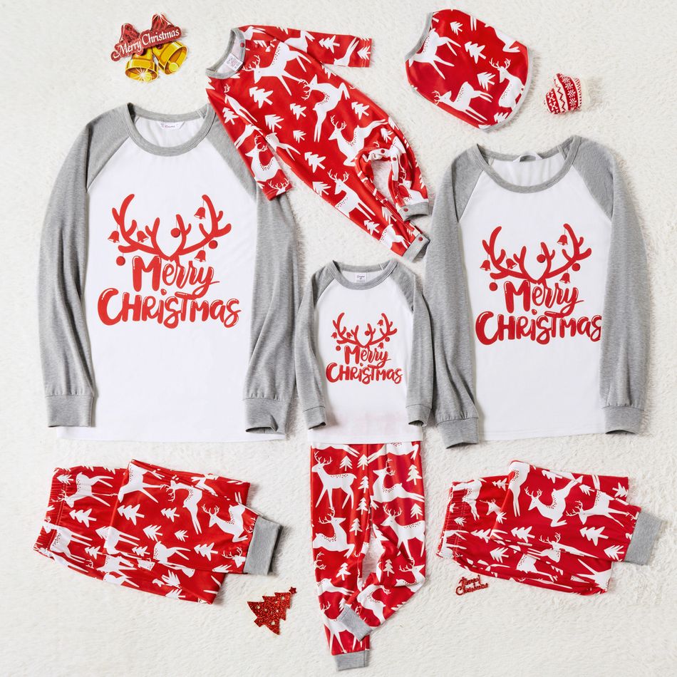 Christmas Reindeer and Letter Print Snug Fit Family Matching Raglan Long-sleeve Pajamas Sets Red/White