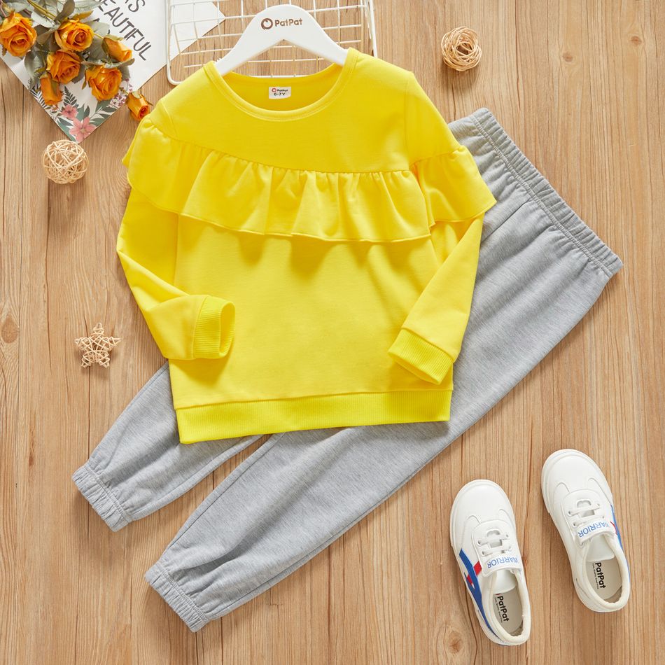 2-piece Kid Girl Ruffled Yellow Pullover Sweatshirt and Elasticized Gray Pants Set Yellow