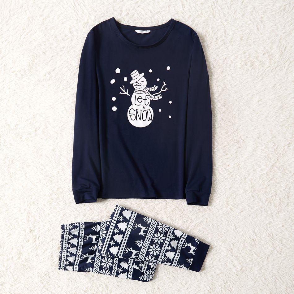 Christmas Snowman and Letter Print Dark Blue Family Matching Long-sleeve Pajamas Sets (Flame Resistant) Dark Blue/white big image 2