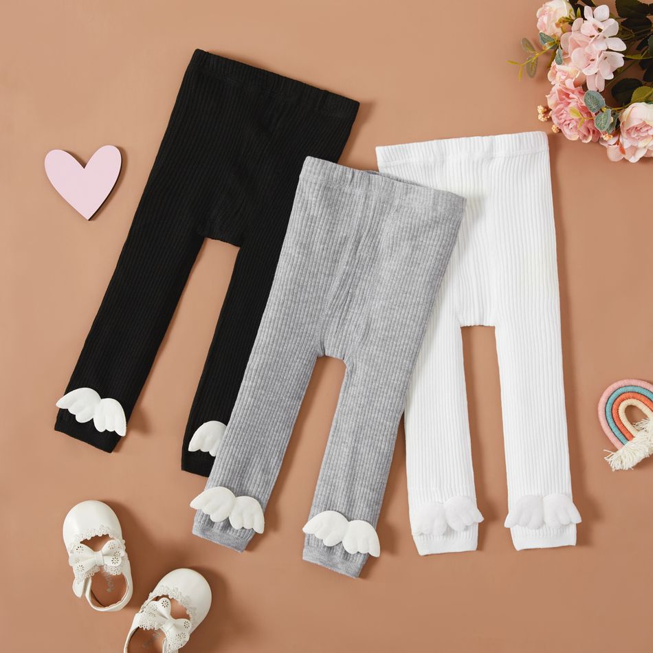 100% Cotton 3D Angel Wings Appliques Baby Ankle-length Ribbed Leggings Light Grey