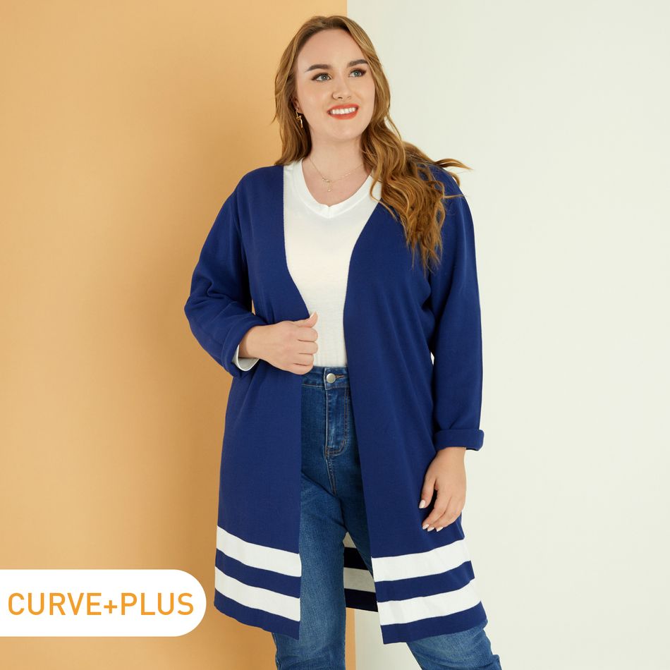 Women Plus Size Casual Striped Knit Midi Cardigan Navy