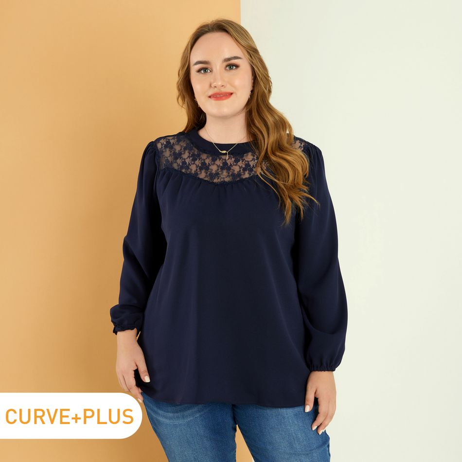 Women Plus Size Elegant Floral Print Mesh Design Long-sleeve Blouse Dark Blue