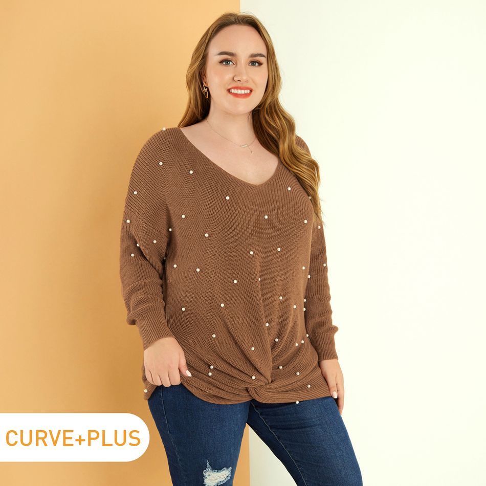 Women Plus Size Elegant V Neck Beaded Twist Front Knit Sweater Coffee