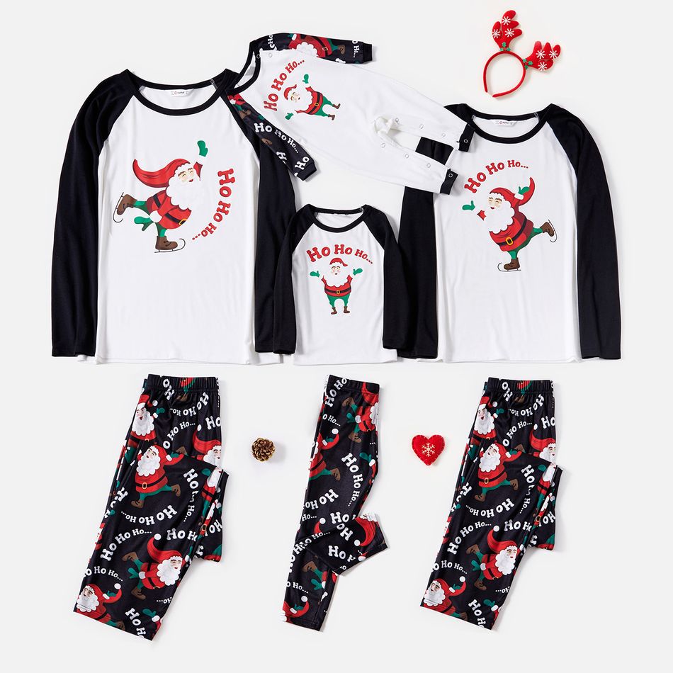 Christmas Santa and Letter Print Snug Fit Family Matching Black Raglan Long-sleeve Pajamas Sets Black/White