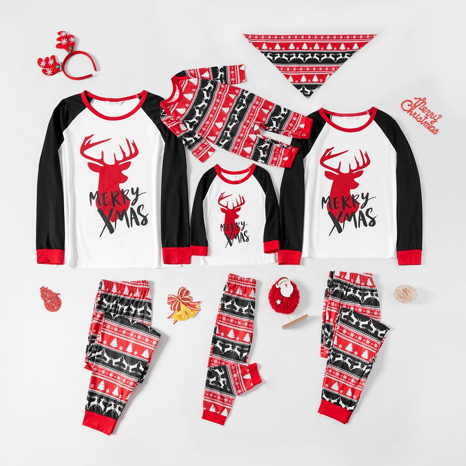 Christmas Deer and Letter Print Family Matching Raglan Long-sleeve Pajamas Sets (Flame Resistant) Black/White/Red