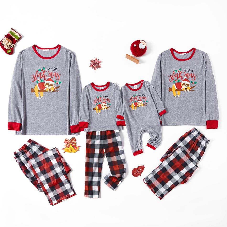 Christmas Sloth and Letter Print Grey Family Matching Long-sleeve Plaid Pajamas Sets (Flame Resistant) Color block