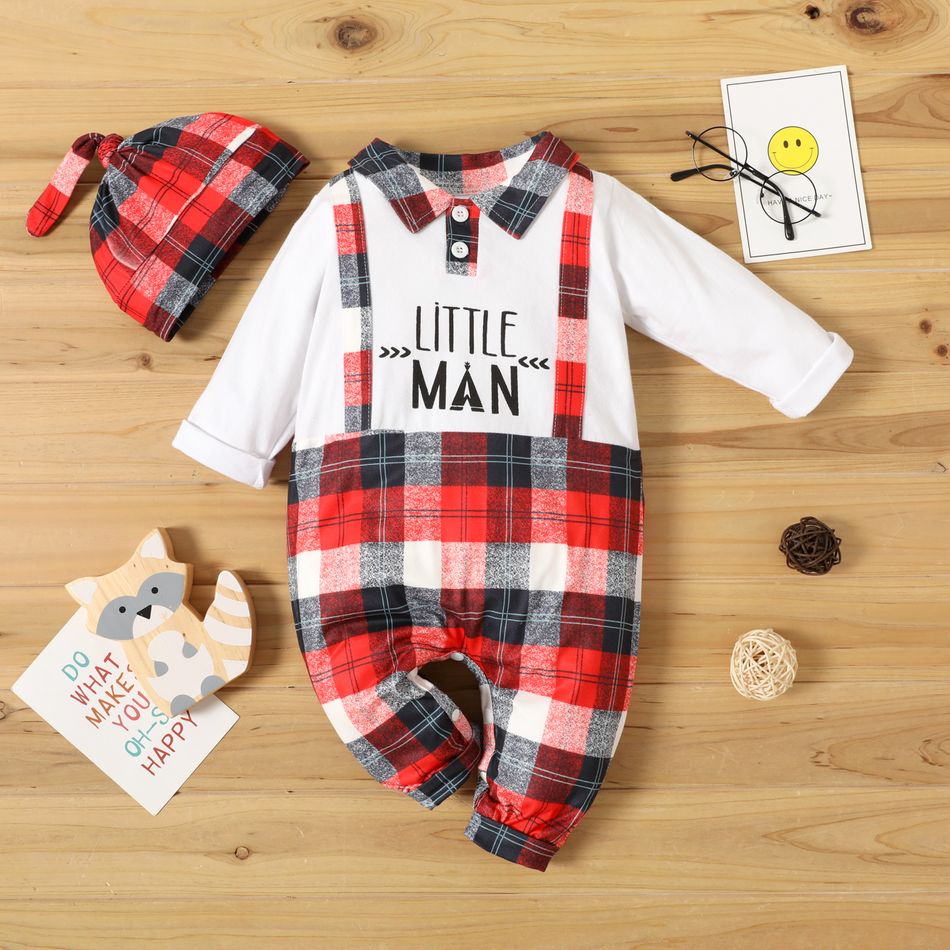 2pcs Baby Letter Print Splicing Plaid Lapel Long-sleeve Jumpsuit Set White