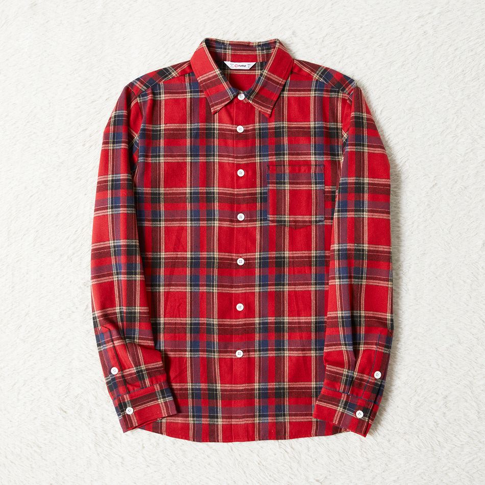 Family Matching Red Plaid Cross Wrap V Neck Long-sleeve Belted Dresses and Shirts Sets Red big image 6