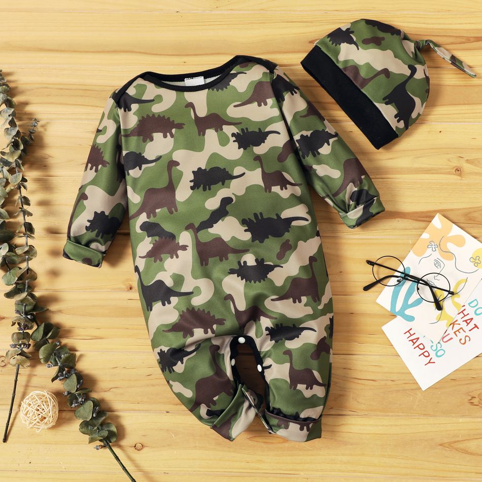 All Over Dinosaur Print Army Green Camouflage Baby Long-sleeve Jumpsuit Set Army green