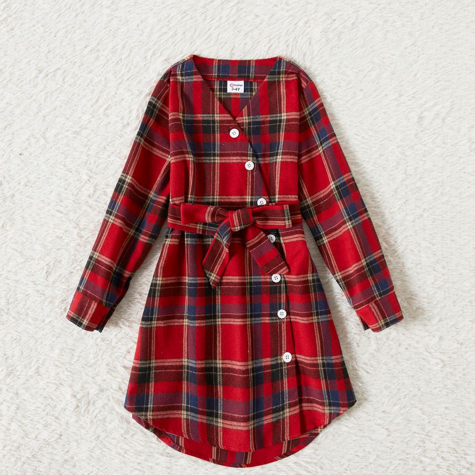 Family Matching Red Plaid Cross Wrap V Neck Long-sleeve Belted Dresses and Shirts Sets Red big image 5