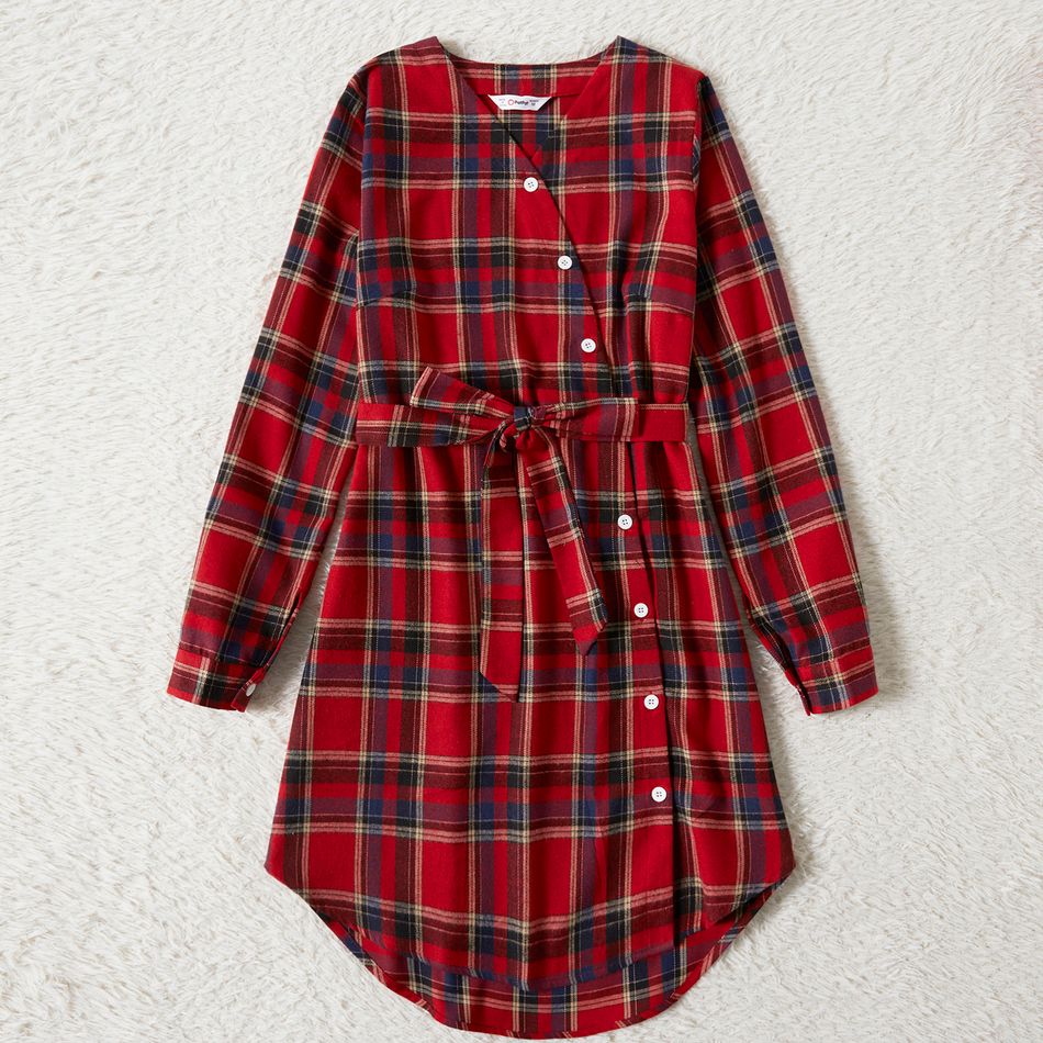 Family Matching Red Plaid Cross Wrap V Neck Long-sleeve Belted Dresses and Shirts Sets Red big image 2