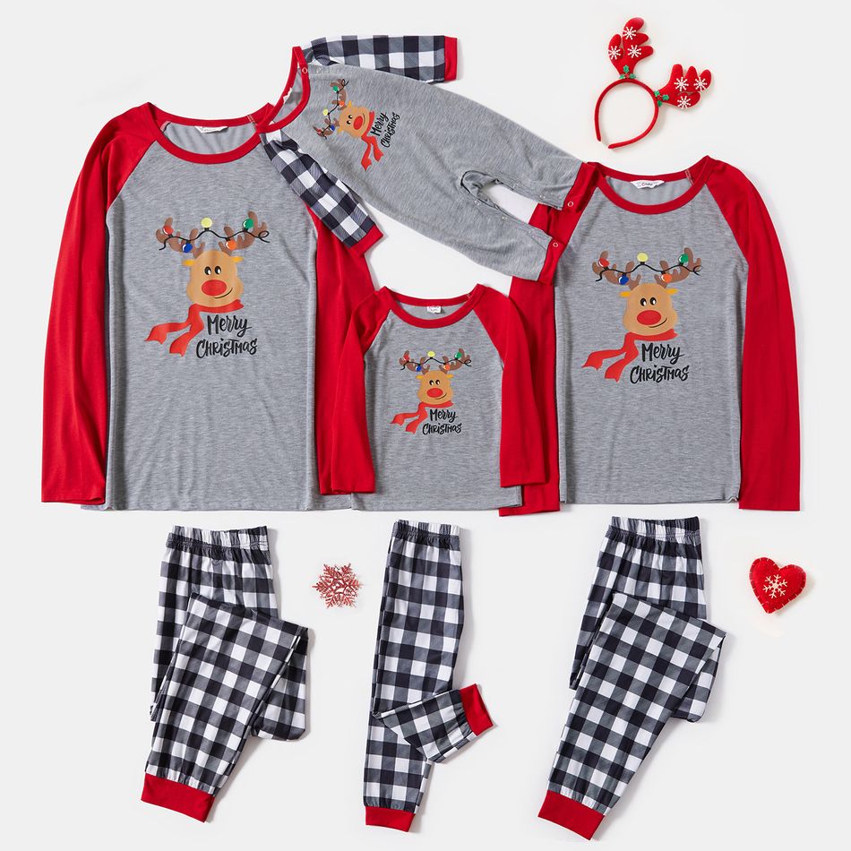 Christmas Deer with String Lights and Letter Print Family Matching Raglan Long-sleeve Plaid Pajamas Sets (Flame Resistant) Grey