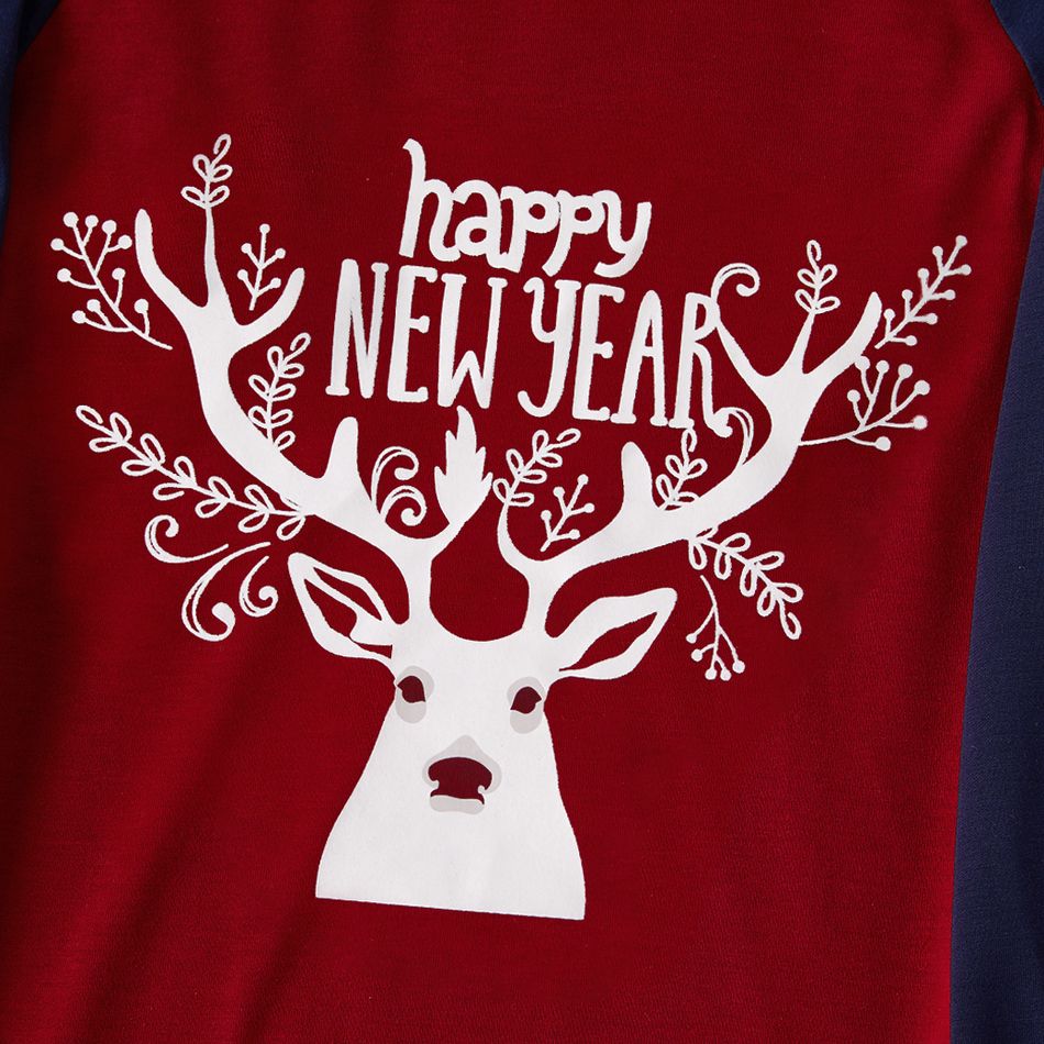 Christmas Deer and Letter Print Red Family Matching Raglan Long-sleeve Pajamas Sets (Flame Resistant) Color block big image 4