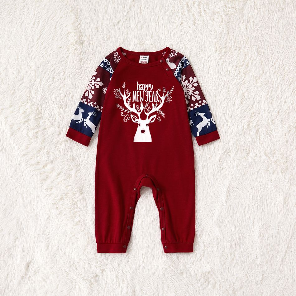 Christmas Deer and Letter Print Red Family Matching Raglan Long-sleeve Pajamas Sets (Flame Resistant) Color block big image 7
