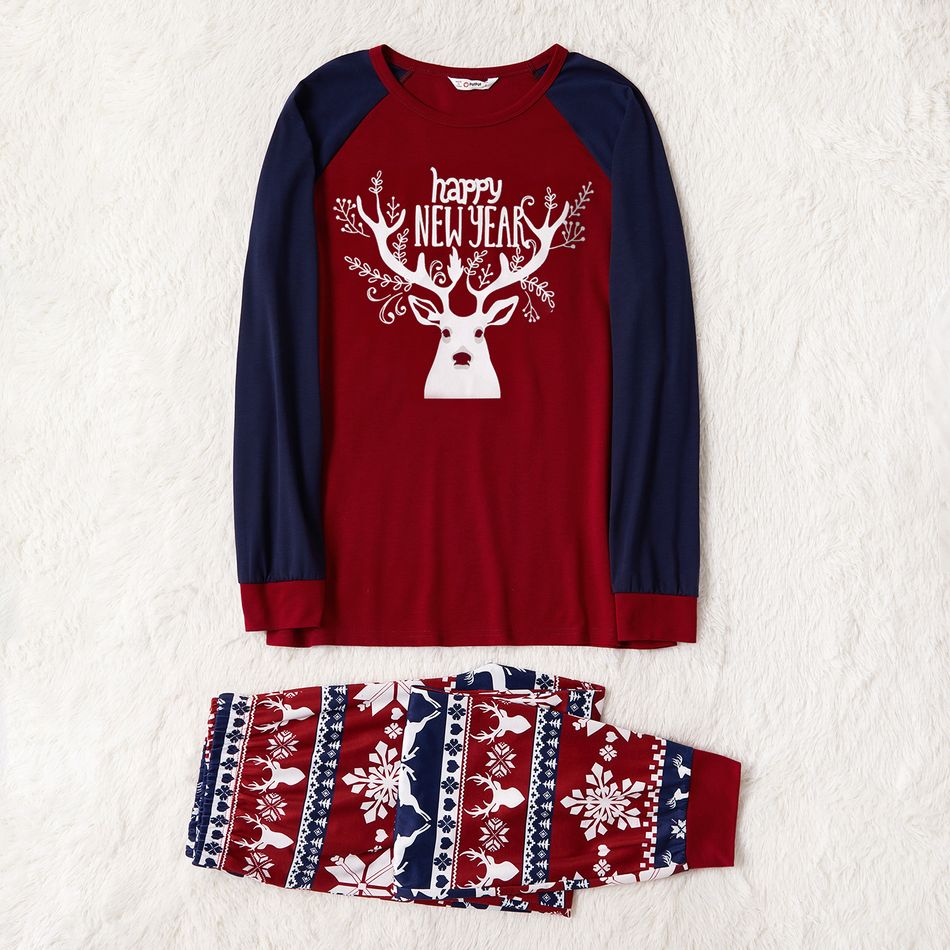 Christmas Deer and Letter Print Red Family Matching Raglan Long-sleeve Pajamas Sets (Flame Resistant) Color block big image 2