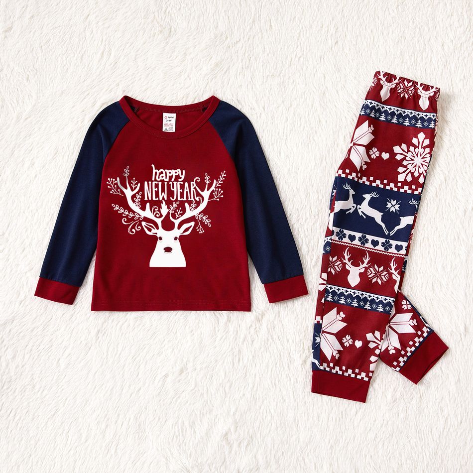 Christmas Deer and Letter Print Red Family Matching Raglan Long-sleeve Pajamas Sets (Flame Resistant) Color block big image 6