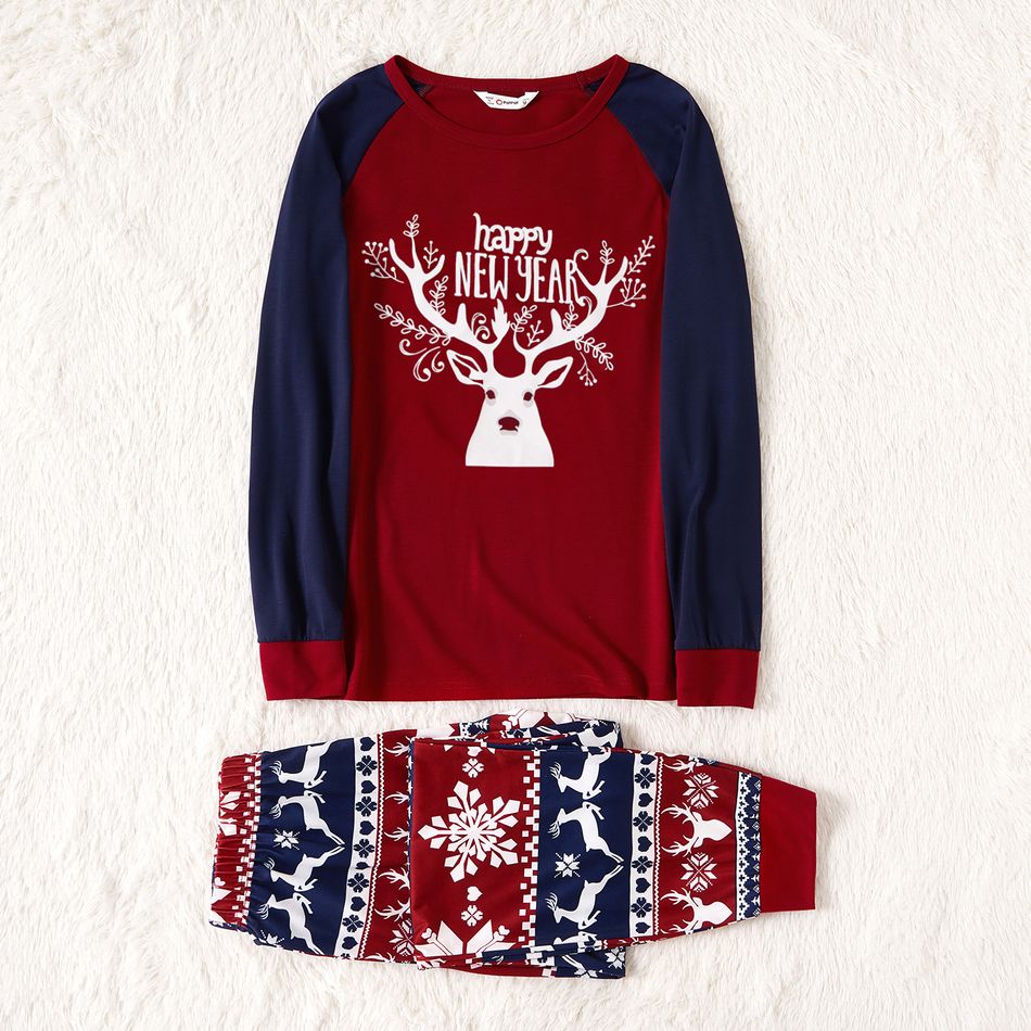 Christmas Deer and Letter Print Red Family Matching Raglan Long-sleeve Pajamas Sets (Flame Resistant) Color block big image 3