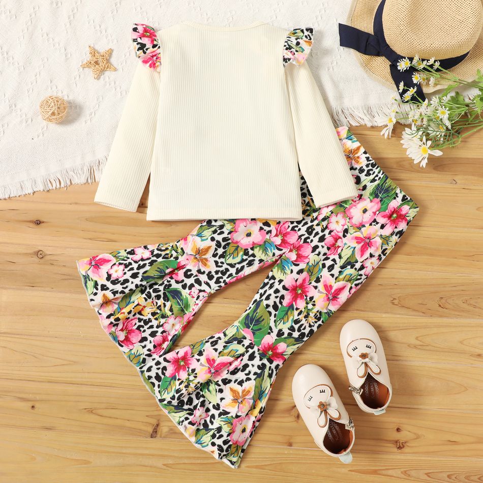 2-piece Toddler Girl Ruffled Floral Print Heart Pattern Ribbed Long-sleeve Top and Flared Pants Set White big image 3