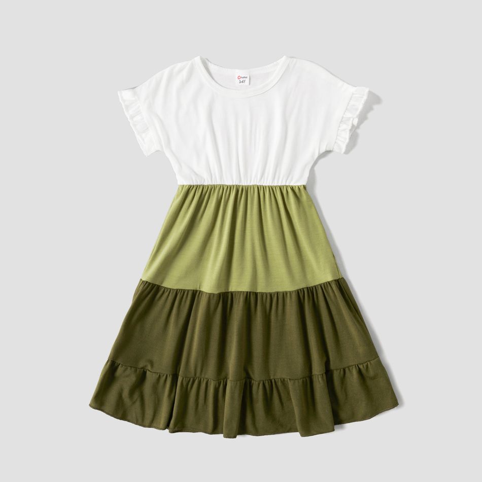Green and White Splicing Short-sleeve Family Matching Sets(Tiered Dresses and Front Pocket T-shirts) Green/White big image 3