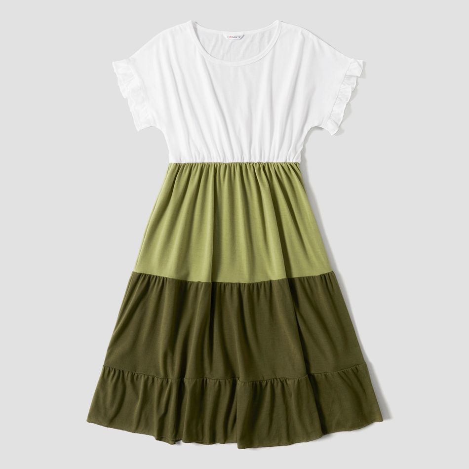 Green and White Splicing Short-sleeve Family Matching Sets(Tiered Dresses and Front Pocket T-shirts) Green/White big image 2
