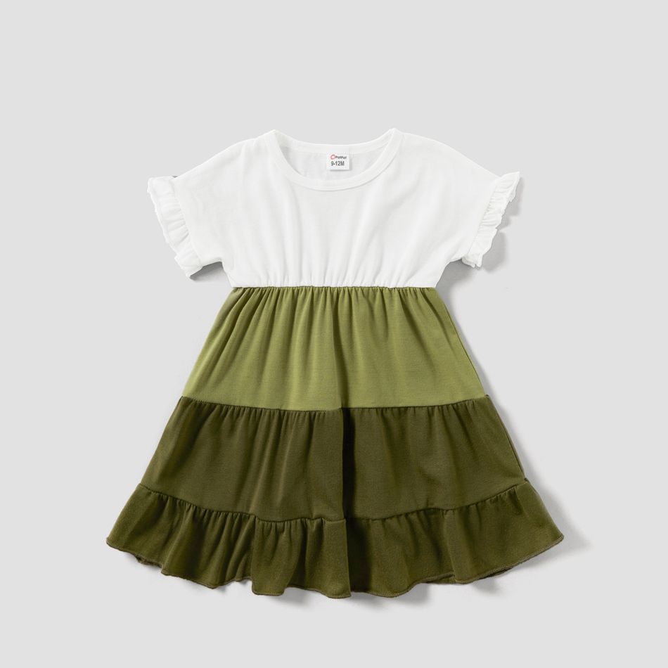 Green and White Splicing Short-sleeve Family Matching Sets(Tiered Dresses and Front Pocket T-shirts) Green/White big image 4