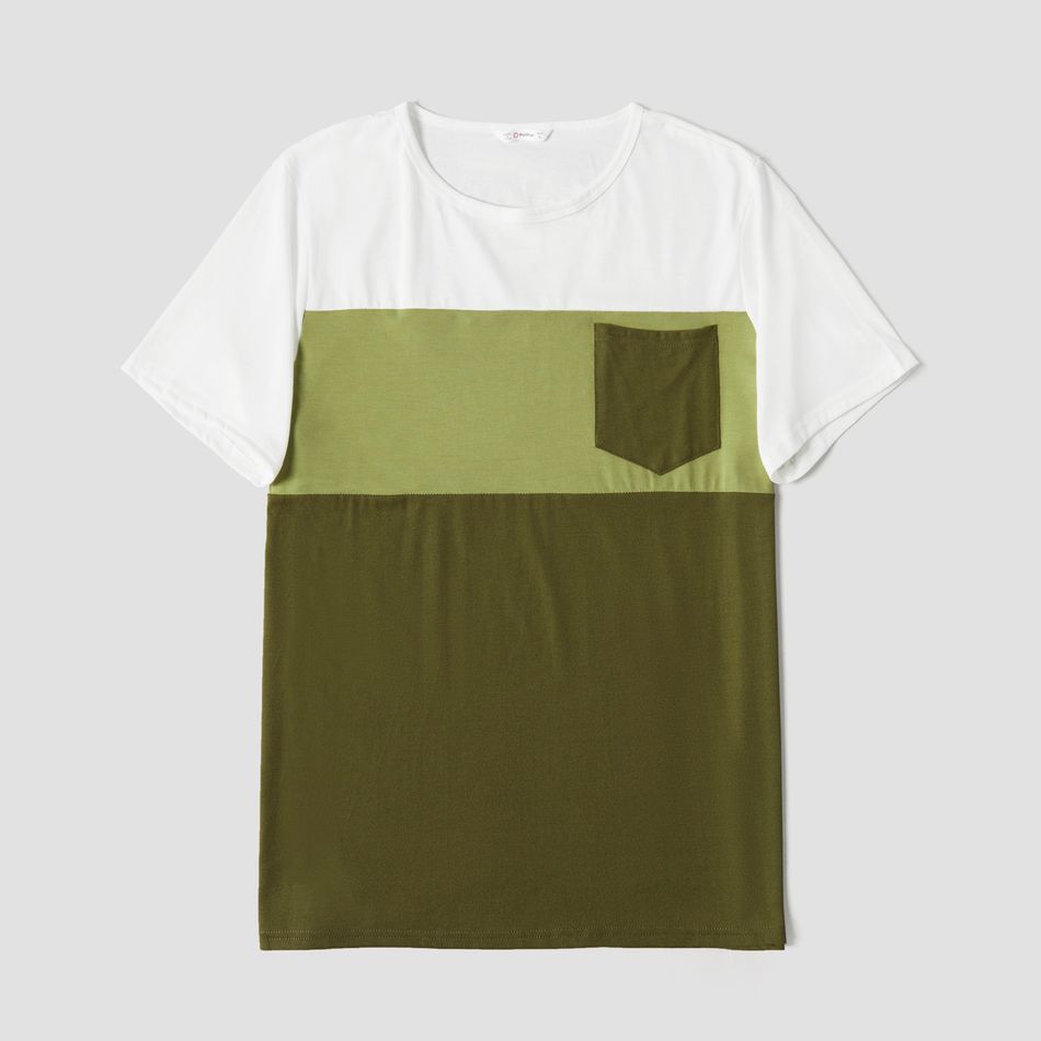 Green and White Splicing Short-sleeve Family Matching Sets(Tiered Dresses and Front Pocket T-shirts) Green/White big image 7