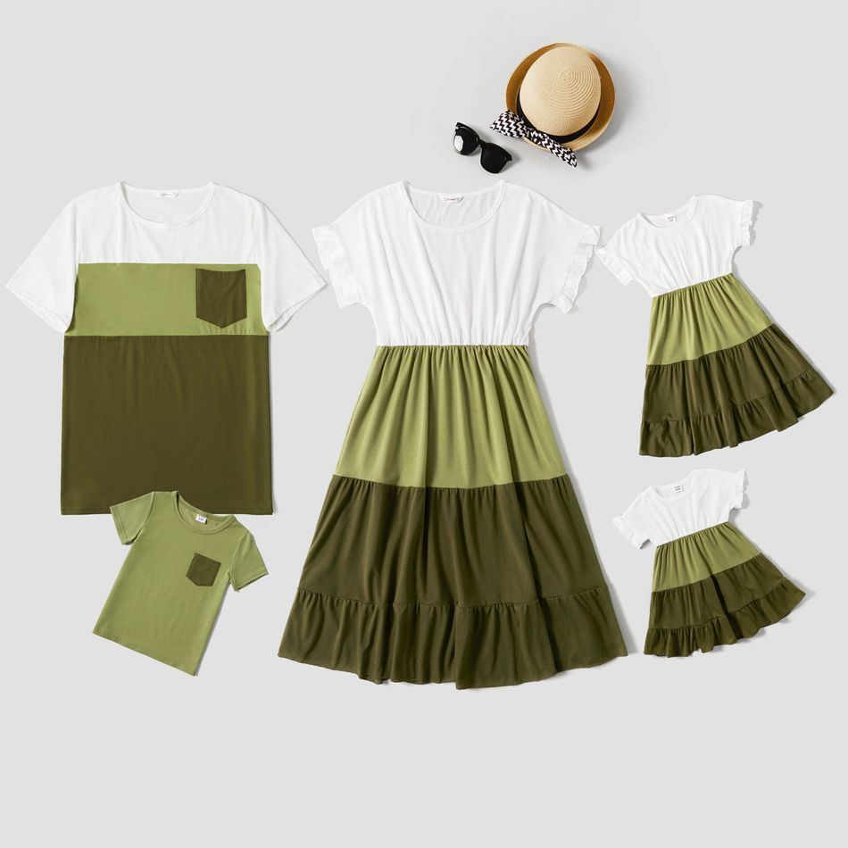 Green and White Splicing Short-sleeve Family Matching Sets(Tiered Dresses and Front Pocket T-shirts) Green/White