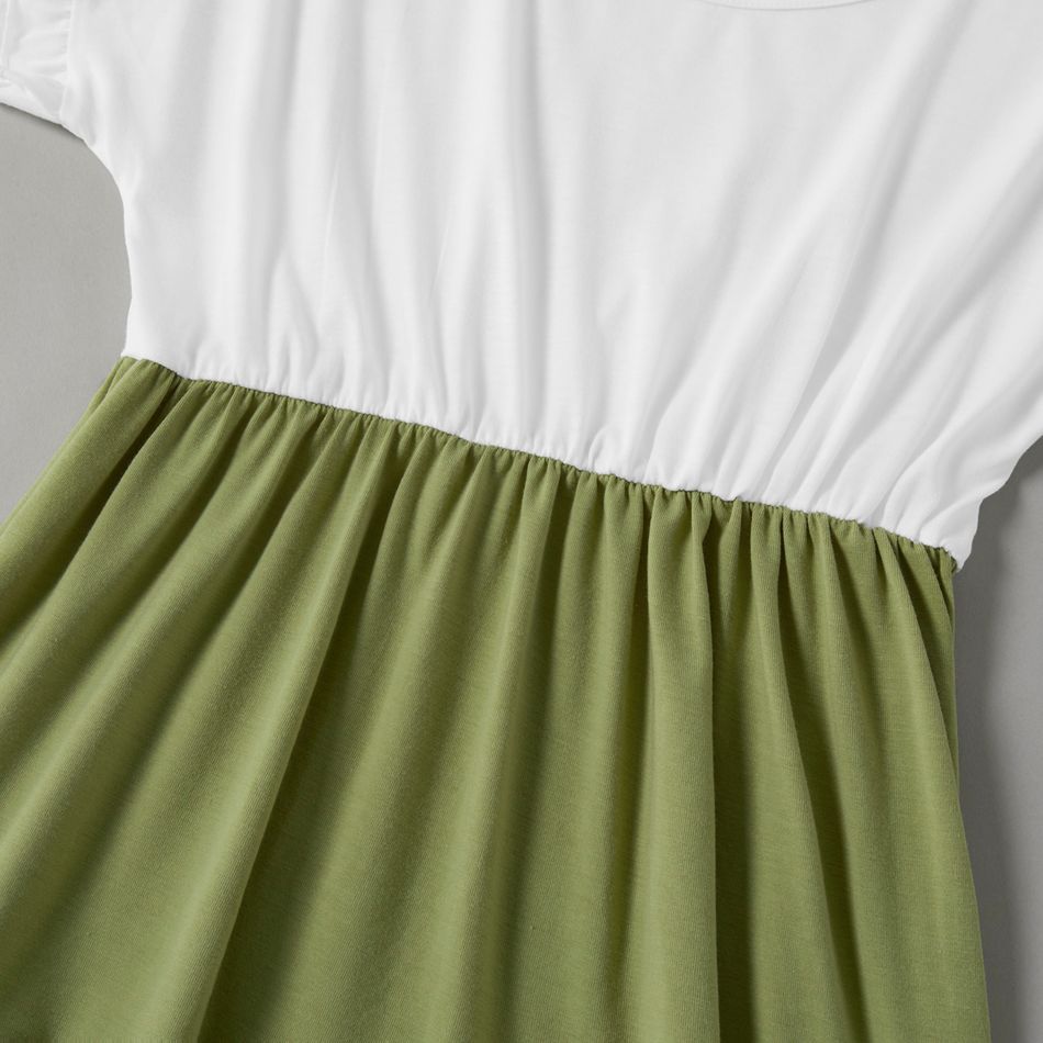Green and White Splicing Short-sleeve Family Matching Sets(Tiered Dresses and Front Pocket T-shirts) Green/White big image 6