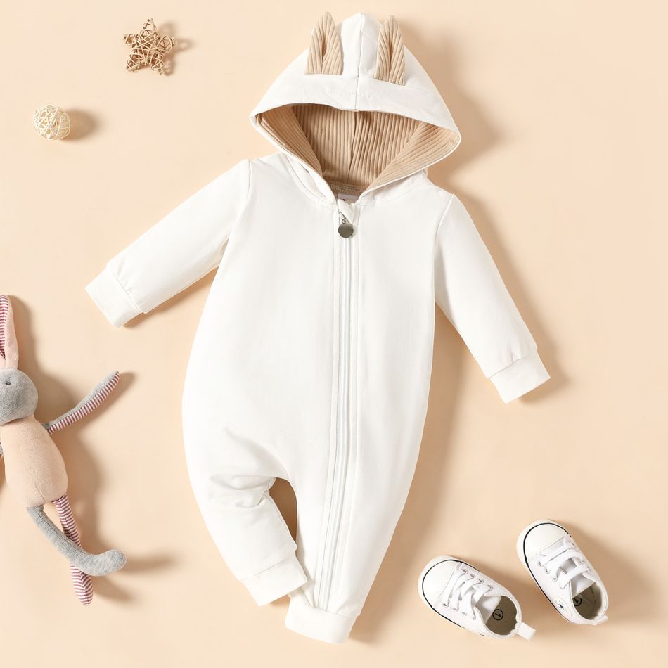 100% Cotton Color Block Hooded 3D Rabbit Ear Design Baby Jumpsuit White