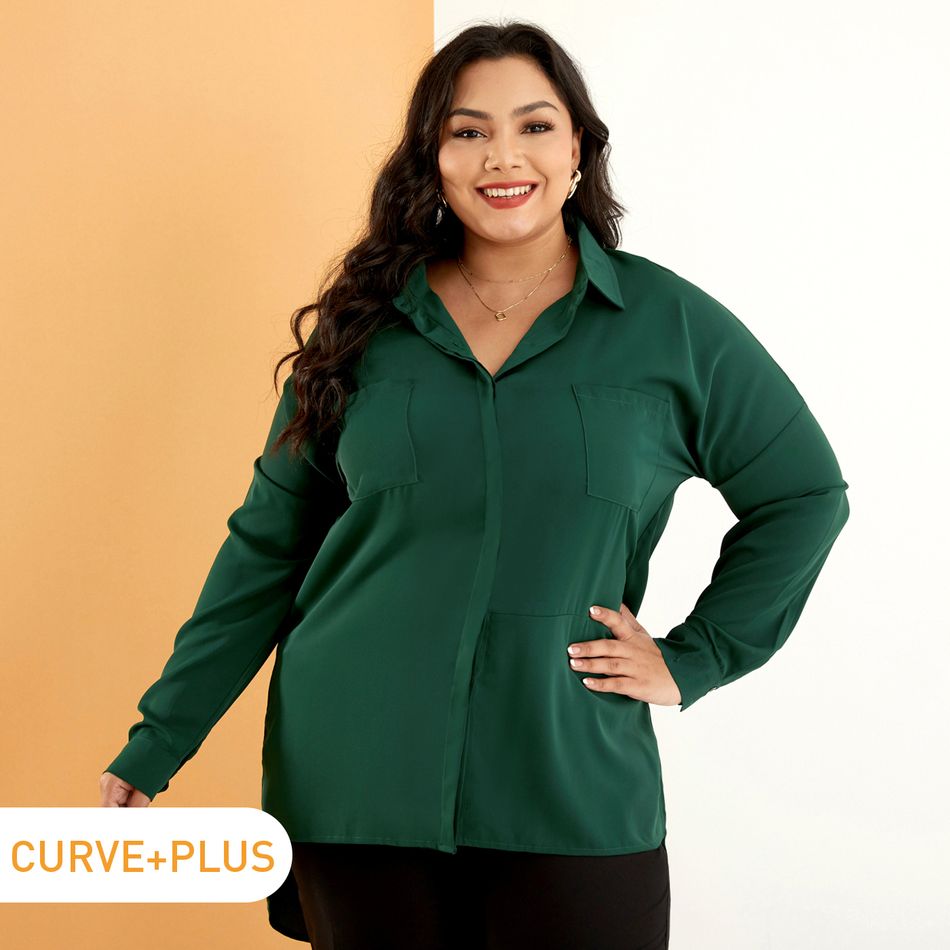 Women Plus Size Elegant Lapel Collar Pocket Button Design Long-sleeve Shirt Dark Green