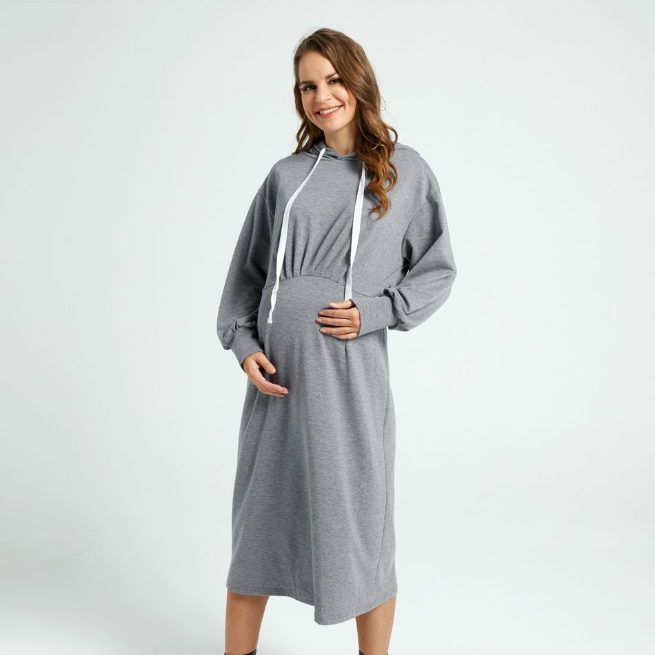 Maternity Casual Grey Long-sleeve Drawstring Hooded Dress Grey